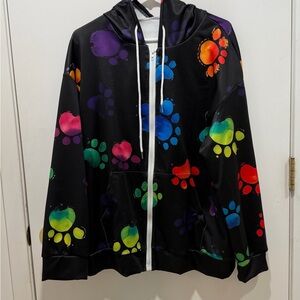 Colorful paw print on black zippered hoodie jacket